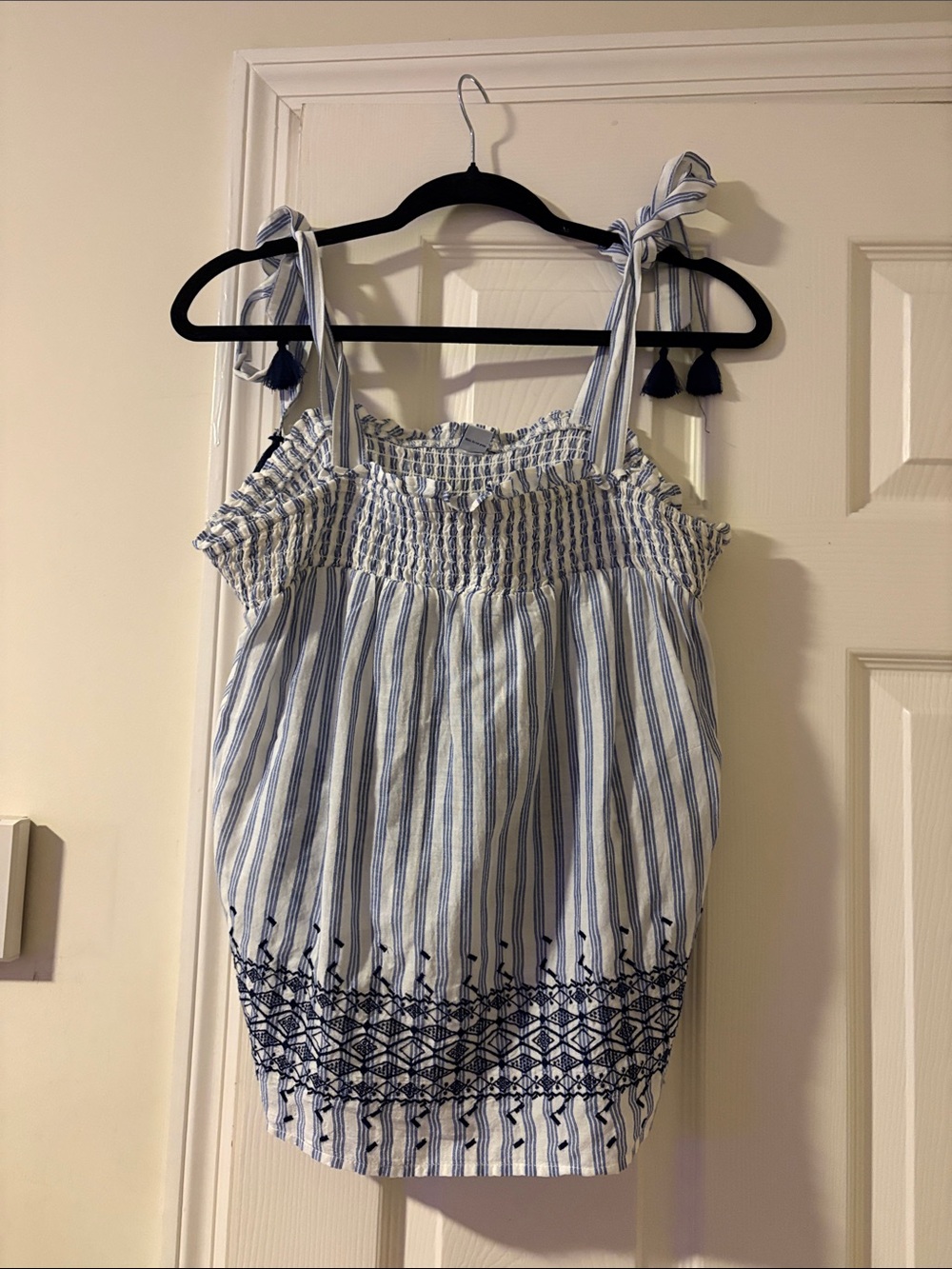 Old Navy Blue and White Striped Smocked Tie-Shoulder Tank